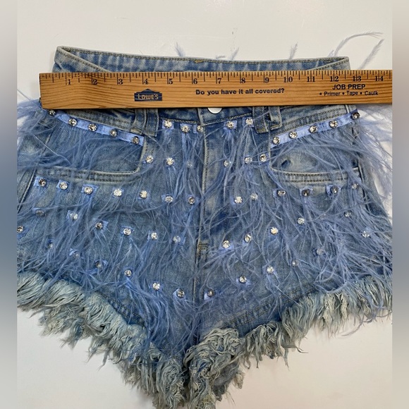 Tassel Inlaid Denim Shorts A-line Shorts Rhinestone Ostrich Feather Frayed - Picture 6 of 15